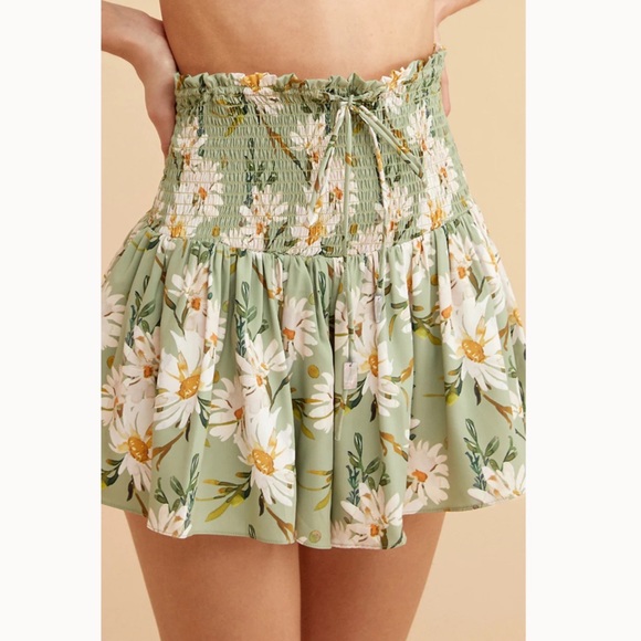 Retro Pale Green Floral Shirred High Waist Drawstring Beach Skirt - Picture 2 of 16